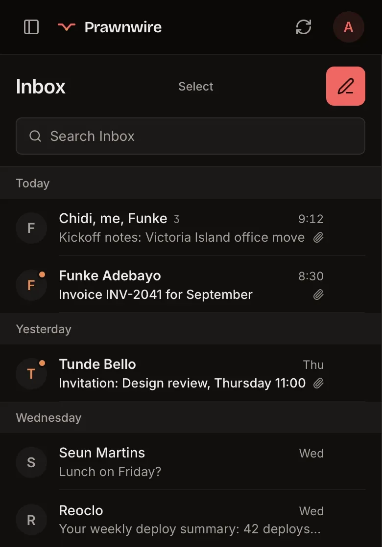 The Prawnwire inbox, listing the day's conversations