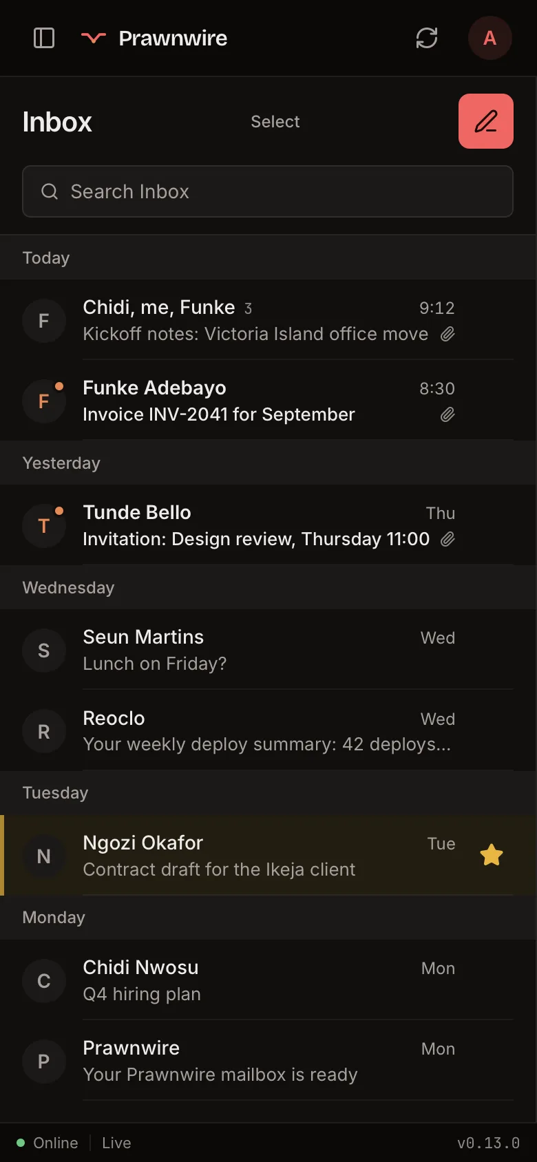 The Prawnwire inbox on a phone